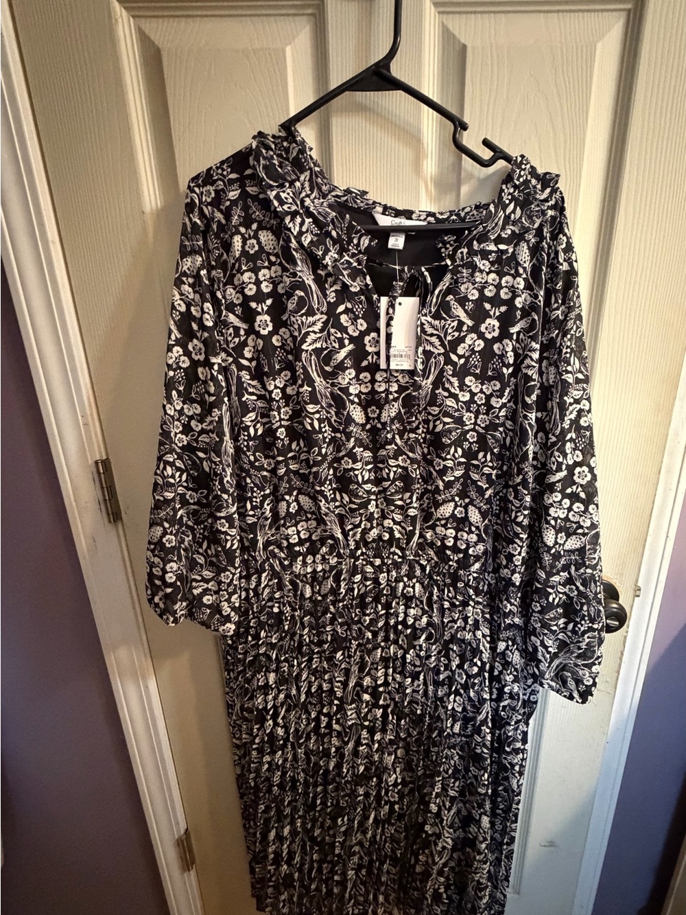 Croft & Barrow Black and White Floral Long Sleeve Midi Dress Bird Print 2X